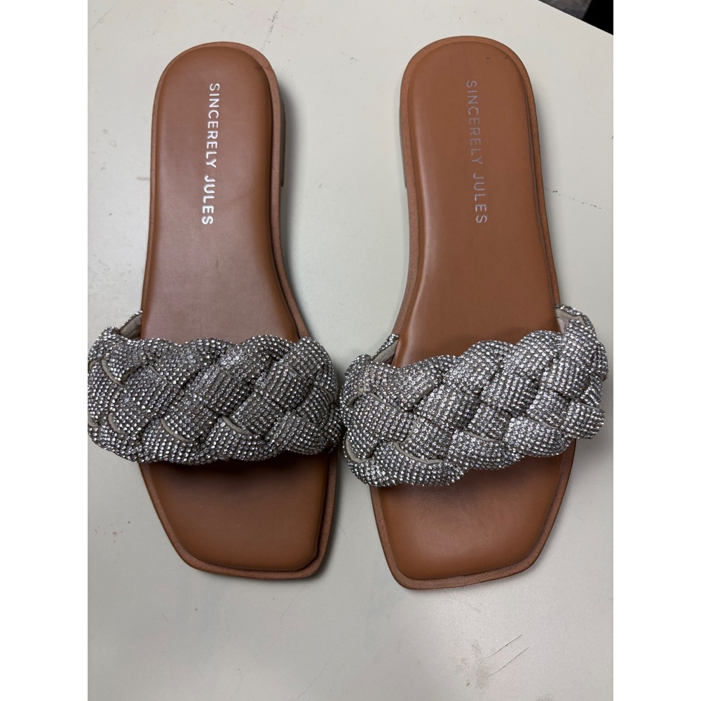 Flat Rhinestone Braided Slide Sandals Silver Square Toe 10 Bridal sparkle bling